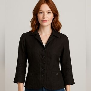 Talbots Irish Linen Button Front Pocket Shirt Black Minimalist Size 4